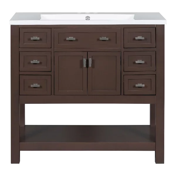 36'' Bathroom Vanity without Top Sink, Brown Cabinet only, Modern Bathroom Storage Cabinet with 2 Soft Closing Doors and 6 Drawers (NOT INCLUDE BATHROOM VANITY SINK)