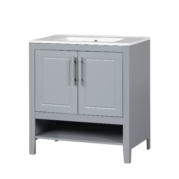 30" Bathroom Vanity with Sink, Multi-functional Bathroom Cabinet with Doors and Drawers, Solid Frame and MDF Board, Grey
